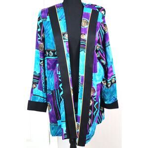 Vintage 80s 90s Turquoise Blue Purple Geometric Mid Length Blazer Jacket Women L